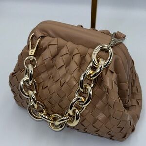 Chic Tan dumpling ruched Woven Clutch with Gold Chain